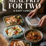 Five high protein meal prep lunches for two with a clear Pinterest headline