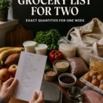 One-week grocery planning for two with a scale, groceries, and an exact-quantities headline
