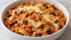 Chicken enchilada casserole with black beans, corn tortilla strips and melted Monterey Jack in a white dish.